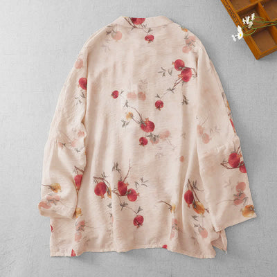 Buddha Stones Summer Tang Style Vintage Frog Button Pomegranate Print Women's Long Sleeve Shirts - image 1