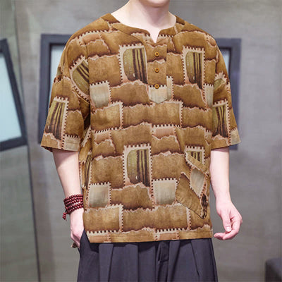 Buddha Stones Summer Casual Boho Patchwork Plaid Design Men's Short Sleeve Shirts With Patch Pocket - image 15