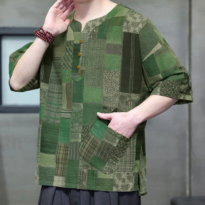Buddha Stones Summer Casual Boho Patchwork Plaid Design Men's Short Sleeve Shirts With Patch Pocket - image 5
