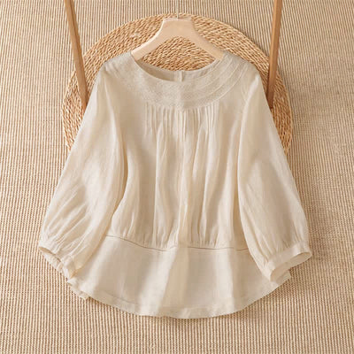 Buddha Stones Spring Summer Casual Elegant Embroidery Solid Women's Long Sleeve T-Shirt - AntiqueWhite - US12, UK/AU16, EU44 (2XL) - image 0