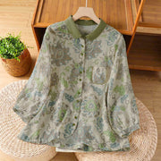 Foviel Frühling Sommer Casual Vintage Knopf-Up Floral Damen Langarm Hemden mit Tasche