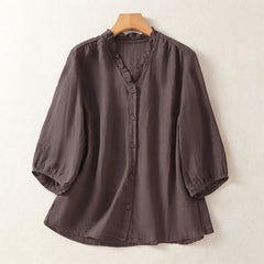 Buddha Stones Spring Summer Casual Button-Up Solid Women's Short Sleeve Shirts - SaddleBrown - US8-10, UK/AU12-14, EU40-42 (2XL) - image 0
