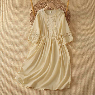 Buddha Stones 2Pcs Summer Casual Boho Solid Crew Neck Women's Elbow-Length Sleeve Dress With Pocket - PaleGoldenRod - US12, UK/AU16, EU44 (2XL) - image 0