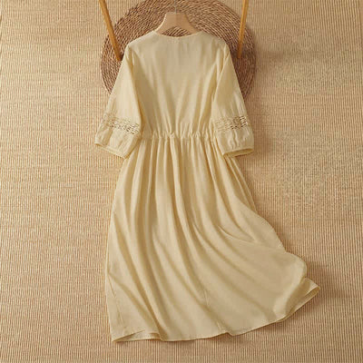 Buddha Stones 2Pcs Summer Casual Boho Solid Crew Neck Women's Elbow-Length Sleeve Dress With Pocket - image 1