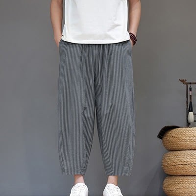 Buddha Stones Summer Casual Minimalist Drawstring Striped Cotton Linen Capri Pants Men's Tapered Pants With Pocket - image 1
