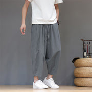 Foviel Summer Casual Minimalist Drawstring Striped Cotton Linen Capri Pants Men's Tapered Pants With Pocket