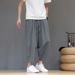 Buddha Stones Summer Casual Minimalist Drawstring Striped Cotton Linen Capri Pants Men's Tapered Pants With Pocket - SlateGray - US/UK/AU46, EU56 (5XL) - image 0