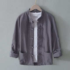 Buddha Stones Frog-Button Chinese Tang Suit Cotton Linen Men Shirt With Pockets - Gray - US/UK/AU50，EU60 (5XL) - image 0