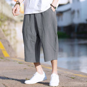 Foviel Summer Plain Pleat Design Drawstring Men's 7-8 Length Pants With Pockets