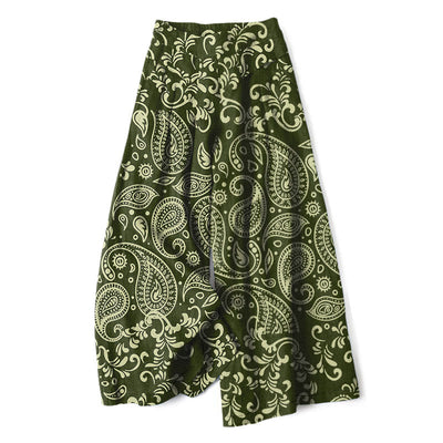 Buddha Stones Cotton Linen Vintage Paisley Pattern Women's Elastic Waist Wide Leg Pants With Pockets - OliveDrab - US16，UK/AU20，EU48 (3XL) - image 4