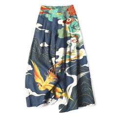 Buddha Stones Cotton Linen Phoenix Cloud Pattern Women's Elastic Waist Wide Leg Pants With Pockets - Navy - US16，UK/AU20，EU48 (3XL) - image 0