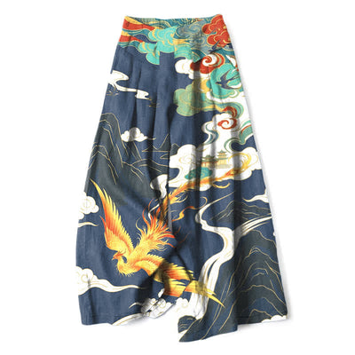 Buddha Stones Cotton Linen Phoenix Cloud Pattern Women's Elastic Waist Wide Leg Pants With Pockets - Navy - US16，UK/AU20，EU48 (3XL) - image 0
