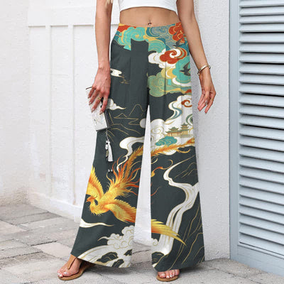 Buddha Stones Cotton Linen Phoenix Cloud Pattern Women's Elastic Waist Wide Leg Pants With Pockets - image 7