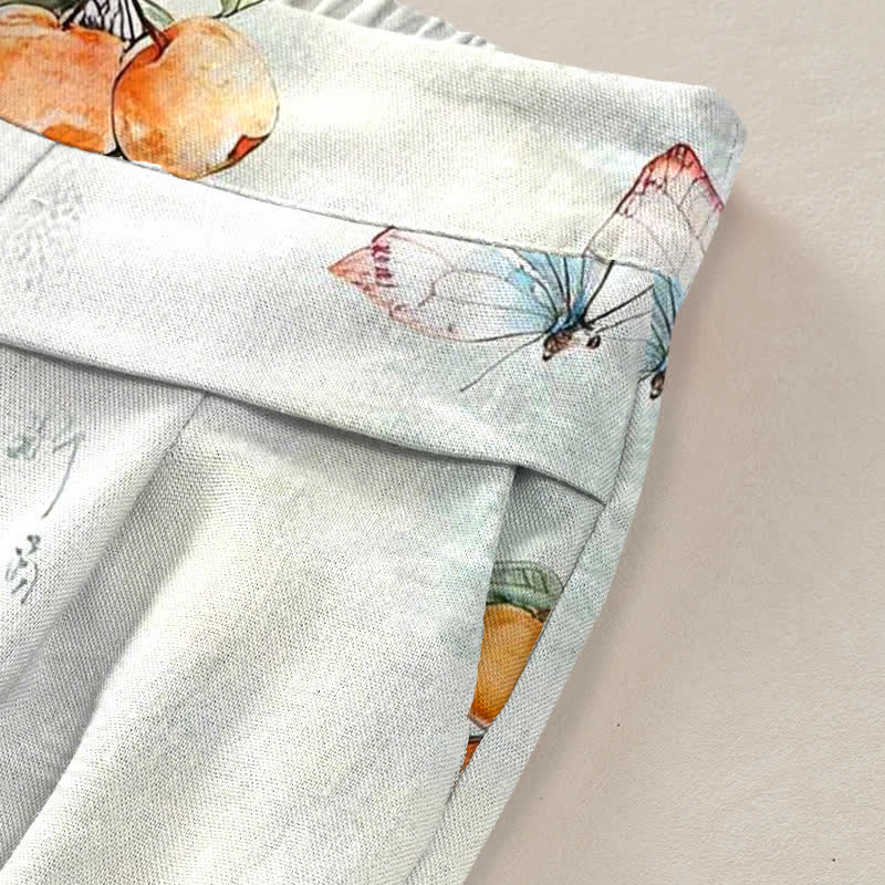 Buddha Stones Cotton Linen Vintage Citrus Garden Butterfly Pattern Women's Elastic Waist Wide Leg Pants With Pockets - image 2