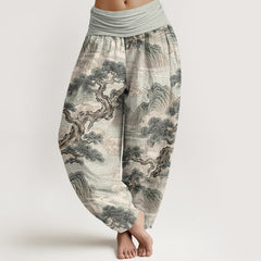 Buddha Stones Cotton Ink Wash Landscape Pattern Women's Elastic Waist Harem Pants - LightGrey - US16，UK/AU20，EU48 (3XL) - image 0