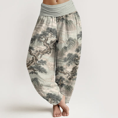 Buddha Stones Cotton Ink Wash Landscape Pattern Women's Elastic Waist Harem Pants - LightGrey - US16，UK/AU20，EU48 (3XL) - image 0