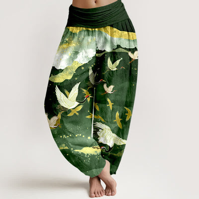 Buddha Stones Cotton Flying Crane Golden Cloud Pattern Women's Elastic Waist Harem Pants - DarkGreen - US16，UK/AU20，EU48 (3XL) - image 5