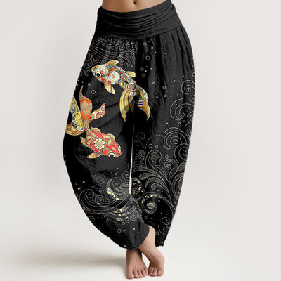 Buddha Stones Cotton Koi Fish Swirl Pattern Women's Elastic Waist Harem Pants - Black - US16，UK/AU20，EU48 (3XL) - image 0