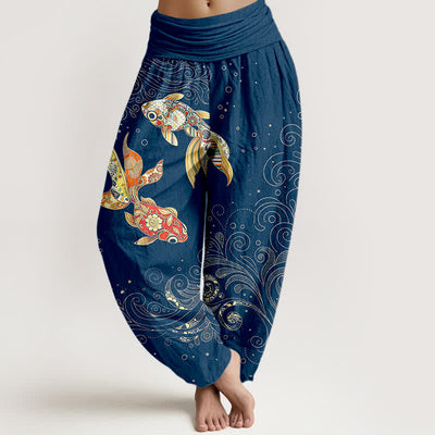 Buddha Stones Cotton Koi Fish Swirl Pattern Women's Elastic Waist Harem Pants - Navy - US16，UK/AU20，EU48 (3XL) - image 5