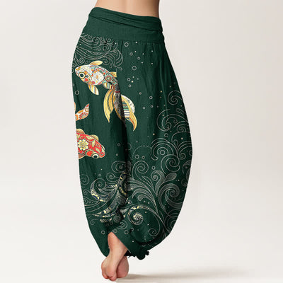 Buddha Stones Cotton Koi Fish Swirl Pattern Women's Elastic Waist Harem Pants - image 10