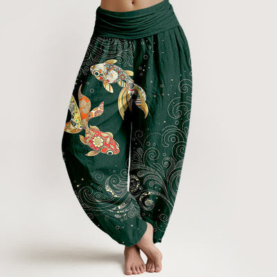 Buddha Stones Cotton Koi Fish Swirl Pattern Women's Elastic Waist Harem Pants - DarkGreen - US16，UK/AU20，EU48 (3XL) - image 8