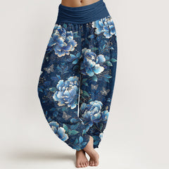 Buddha Stones Cotton Peony Butterfly Pattern Women's Elastic Waist Harem Pants - Navy - US16，UK/AU20，EU48 (3XL) - image 0