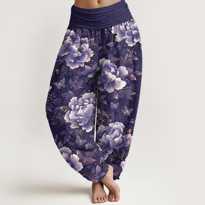 Buddha Stones Cotton Peony Butterfly Pattern Women's Elastic Waist Harem Pants - Indigo - US16，UK/AU20，EU48 (3XL) - image 5