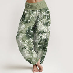 Buddha Stones Cotton White Outline Rose Pattern Women's Elastic Waist Harem Pants - DarkSeaGreen - US16，UK/AU20，EU48 (3XL) - image 0