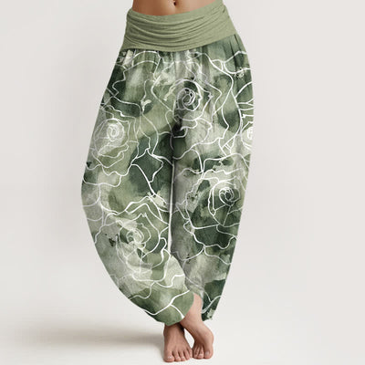 Buddha Stones Cotton White Outline Rose Pattern Women's Elastic Waist Harem Pants - DarkSeaGreen - US16，UK/AU20，EU48 (3XL) - image 0