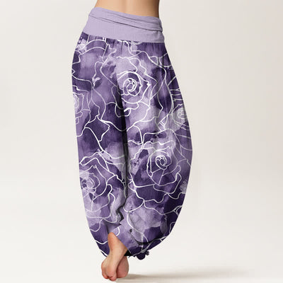 Buddha Stones Cotton White Outline Rose Pattern Women's Elastic Waist Harem Pants - image 10