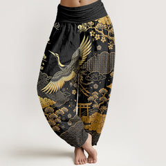 Buddha Stones Cotton Golden Crane Cloud Pattern Women's Elastic Waist Harem Pants - Black - US16，UK/AU20，EU48 (3XL) - image 0