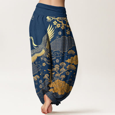 Buddha Stones Cotton Golden Crane Cloud Pattern Women's Elastic Waist Harem Pants - image 7
