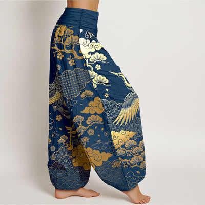 Buddha Stones Cotton Golden Crane Cloud Pattern Women's Elastic Waist Harem Pants - image 6