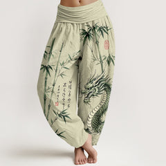 Buddha Stones Cotton Dragon Bamboo Pattern Women's Elastic Waist Harem Pants - Beige - US16，UK/AU20，EU48 (3XL) - image 0
