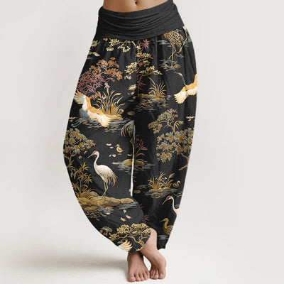 Buddha Stones Cotton Crane Reed Floral Pattern Women's Elastic Waist Harem Pants - Black - US16，UK/AU20，EU48 (3XL) - image 0