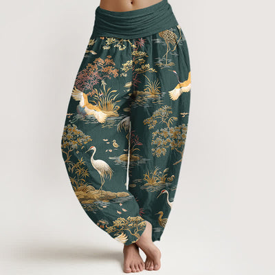 Buddha Stones Cotton Crane Reed Floral Pattern Women's Elastic Waist Harem Pants - DarkCyan - US16，UK/AU20，EU48 (3XL) - image 5