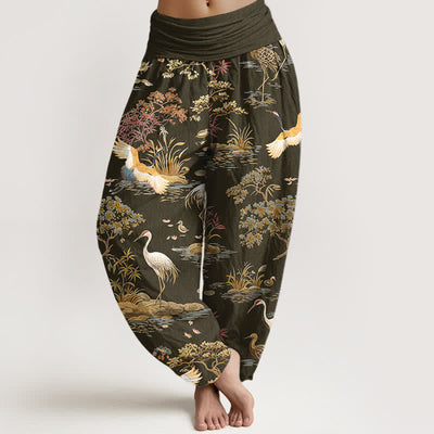 Buddha Stones Cotton Crane Reed Floral Pattern Women's Elastic Waist Harem Pants - Olive - US16，UK/AU20，EU48 (3XL) - image 8