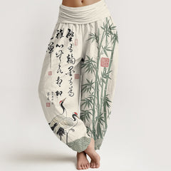 Buddha Stones Cotton Bamboo Calligraphy Crane Pattern Women's Elastic Waist Harem Pants - Ivory - US16，UK/AU20，EU48 (3XL) - image 0