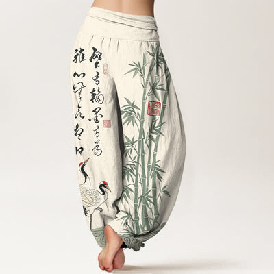 Buddha Stones Cotton Bamboo Calligraphy Crane Pattern Women's Elastic Waist Harem Pants - image 2