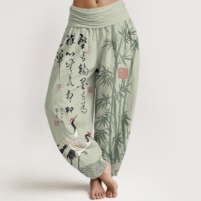 Buddha Stones Cotton Bamboo Calligraphy Crane Pattern Women's Elastic Waist Harem Pants - DarkSeaGreen - US16，UK/AU20，EU48 (3XL) - image 5