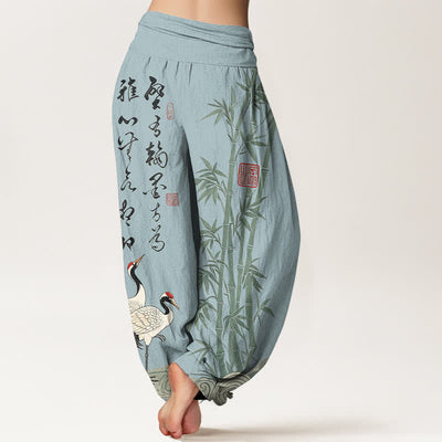 Buddha Stones Cotton Bamboo Calligraphy Crane Pattern Women's Elastic Waist Harem Pants - image 10