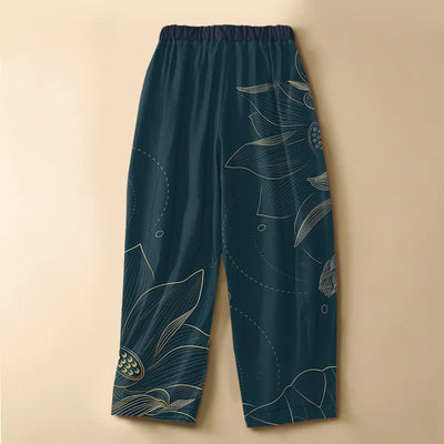 Buddha Stones Pure Cotton Vintage Lotus Line Art Pattern Frog Button Women's Elastic Waist Harem Pants With Pockets - image 1