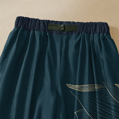 Buddha Stones Pure Cotton Vintage Lotus Line Art Pattern Frog Button Women's Elastic Waist Harem Pants With Pockets - image 2