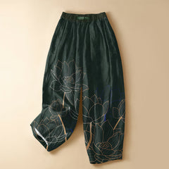 Buddha Stones Pure Cotton Elegant Lotus Outline Pattern Frog Button Women's Elastic Waist Harem Pants With Pockets - DarkGreen - US16，UK/AU20，EU48 (3XL) - image 0