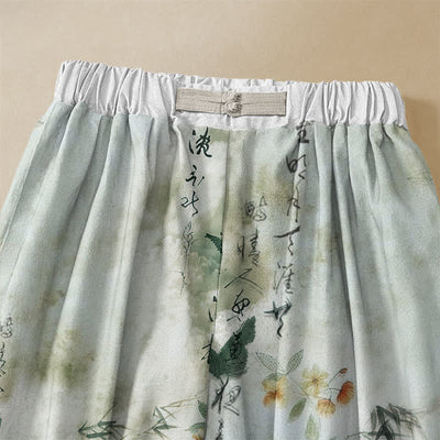 Buddha Stones Pure Cotton Calligraphy Floral Bird Pattern Frog Button Women's Elastic Waist Harem Pants With Pockets - image 2