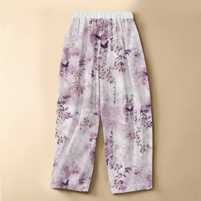 Buddha Stones Pure Cotton Calligraphy Floral Bird Pattern Frog Button Women's Elastic Waist Harem Pants With Pockets - image 8