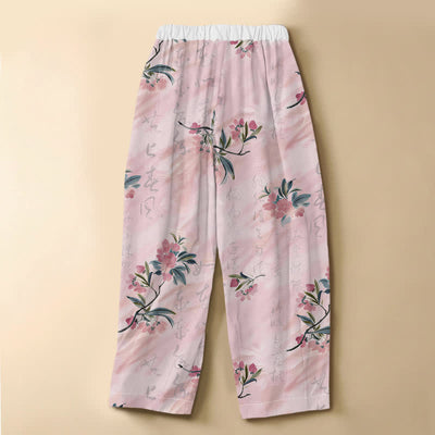 Buddha Stones Pure Cotton Romantic Blossom Leaf Pattern Frog Button Women's Elastic Waist Harem Pants With Pockets - image 1