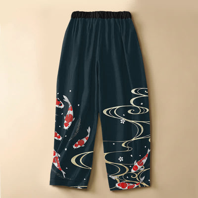 Buddha Stones Pure Cotton Oriental Koi Water Pattern Frog Button Women's Elastic Waist Harem Pants With Pockets - image 8