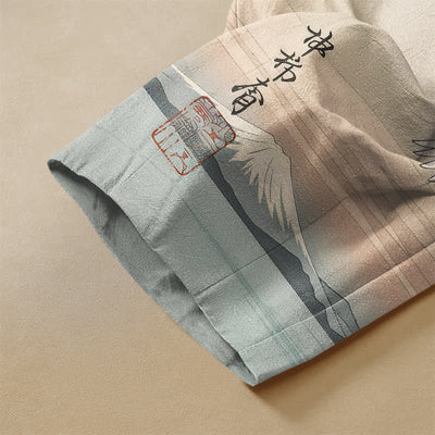Buddha Stones Pure Cotton Ink Crane Landscape Pattern Frog Button Women's Elastic Waist Harem Pants With Pockets - image 3