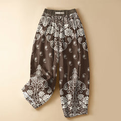Buddha Stones Pure Cotton Vintage Border Paisley Bloom Pattern Frog Button Women's Elastic Waist Harem Pants With Pockets - SaddleBrown - US16，UK/AU20，EU48 (3XL) - image 0